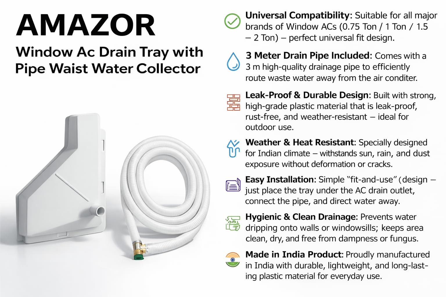 AMAZOR® Window Ac Drain Tray with 3 meter Pipe For All Brand 0.75/1/1.5/2 Ton/Waist Water Collector Window/Waist Water Collector — Amazon image 5