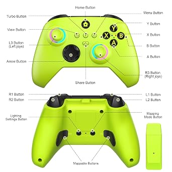 W&O Wireless Controller Compatible With Xbox One, Xbox Series X/S, Xbox One X/S, PC, With RGB LED Light, Mappable Buttons, 3.5mm Headphone Jack, With 2.4GHZ Wireless Adapter Gamepad