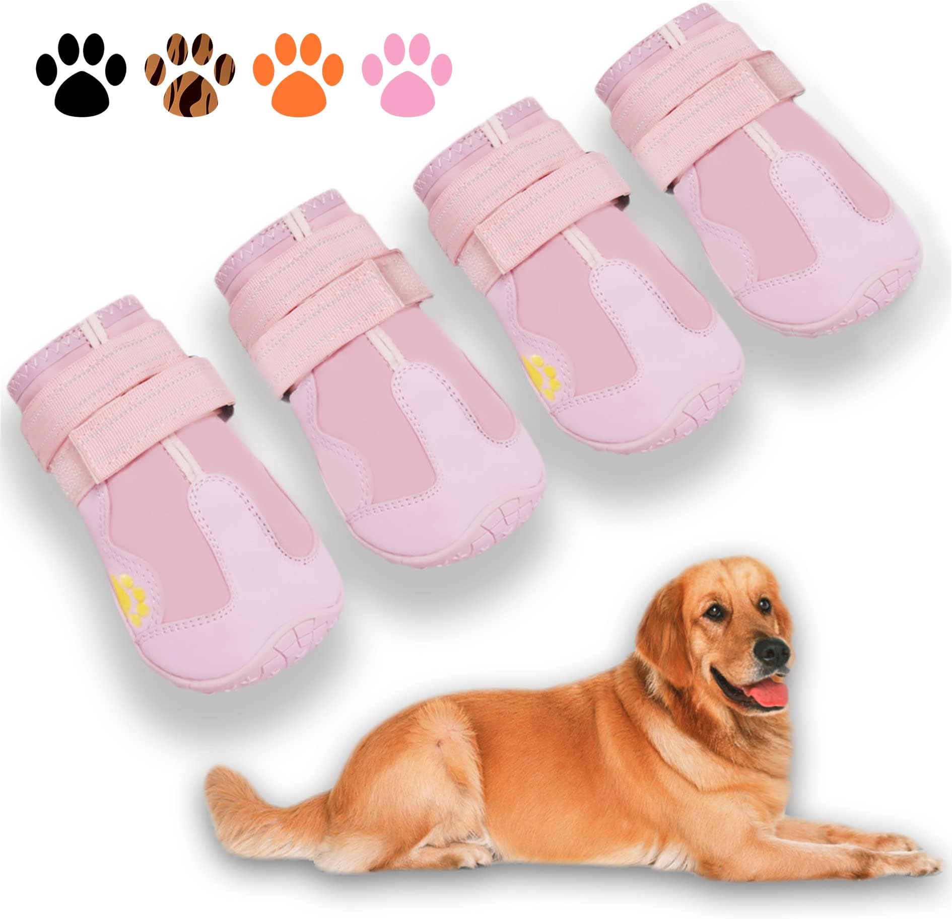 XSY&G Dog Boots,Waterproof Dog Shoes,Dog Booties with Reflective Strips Rugged Anti-Slip Sole and Skid-Proof,Outdoor Dog Shoes for Medium Large Dogs 4Pcs Pink-Size 6