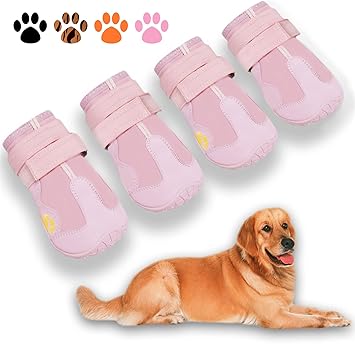 XSY&G Dog Boots,Waterproof Dog Shoes,Dog Booties with Reflective Strips Rugged Anti-Slip Sole and Skid-Proof,Outdoor Dog Shoes for Small Medium Large Dogs 4Pcs Pink-Size 4
