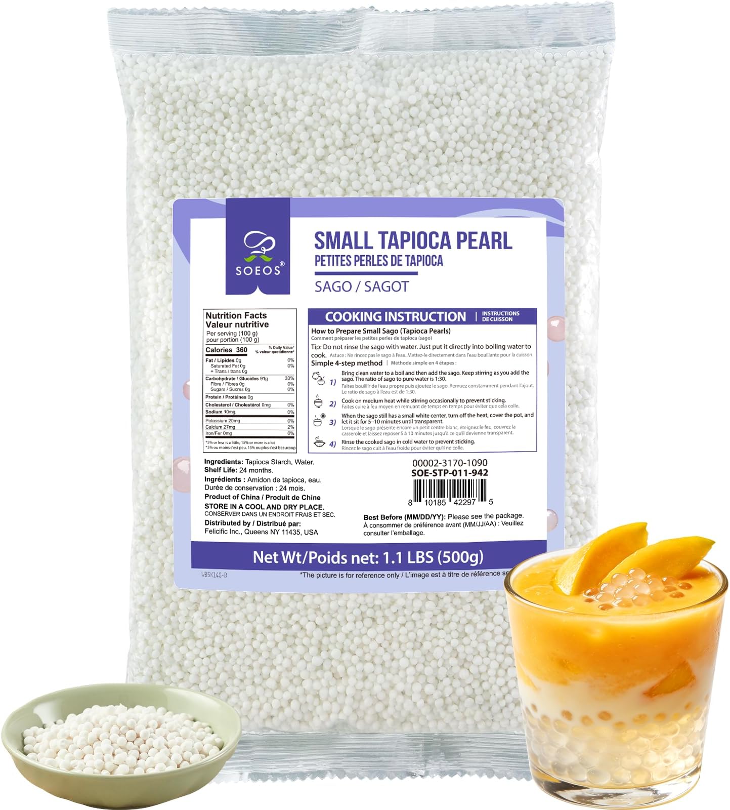 Soeos Sago Tapioca Pearls, 1.1 lbs (500g), Small Tapioca Pearls for Asian Desserts, Bubble Tea, and Puddings, Quick-Cooking Sago Ball, Non-GMO, Gluten-Free