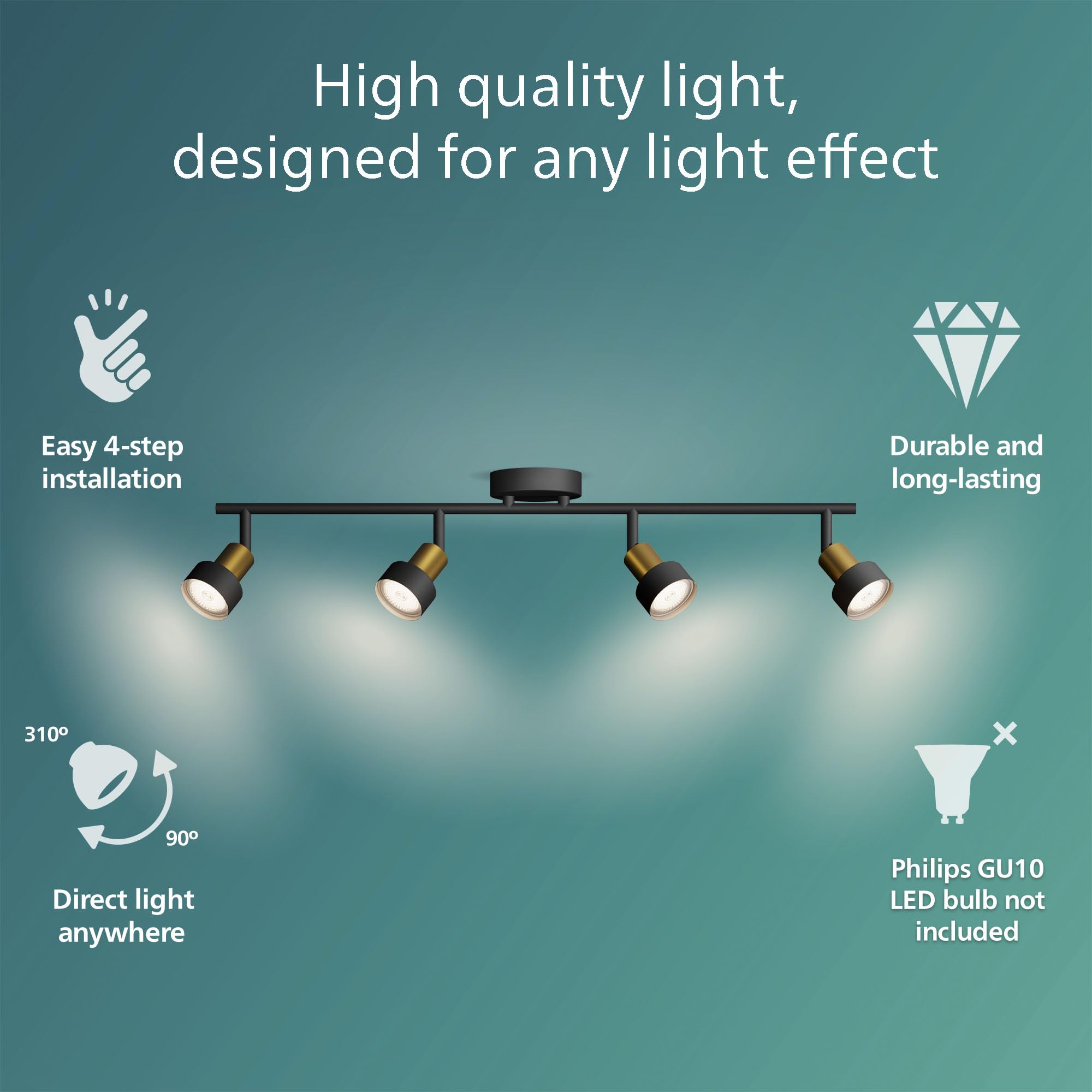 PHILIPS Conduit Spot 4-Head, GU10 not Included, Brass, IP20, Black-Gold, Black/Gold - Image 2