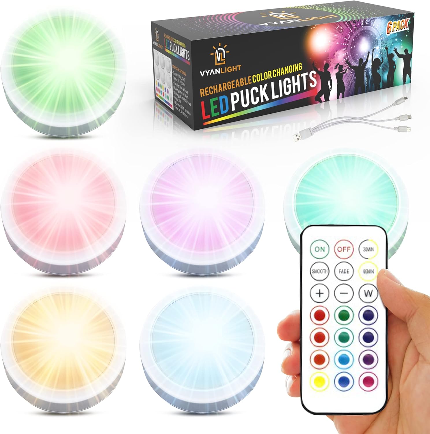 VYANLIGHT Rechargeable Puck Lights with 2 Remotes - 16 Color Changeable LED Puck Lighting - Battery Powered Dimmable Under Cabinet & Counter Lights (6 Pack)