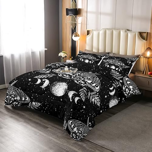 Miniatura 2 de Erosebridal Juego de edredón de polilla gótica, tamaño matrimonial, diseño de esqueleto de Halloween, decoración bohemia de polilla de la muerte,