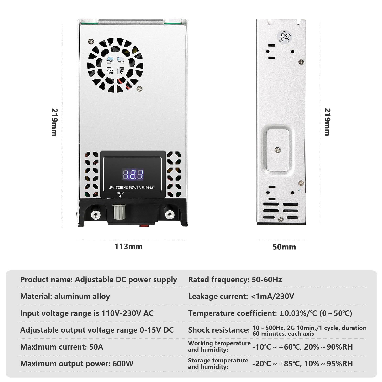 DEWIN Alimentatore LED 12V,600W 50A 0-15V Alimentatore Regolabile trasformatore 220V 12V Alimentatore Switching AC230V a DC12V for Strisce LED,Radio