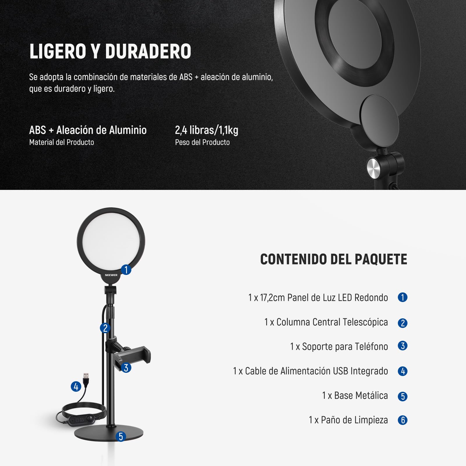 NEEWER Básico 7" Aro Luz Escritorio para Grabación, 10W Key Lighting Pantalla Completa Regulable con Soporte/Soporte Teléfono/Paño Limpieza para iPhone Laptop Vlog Live Streaming Videoconferencia,R06