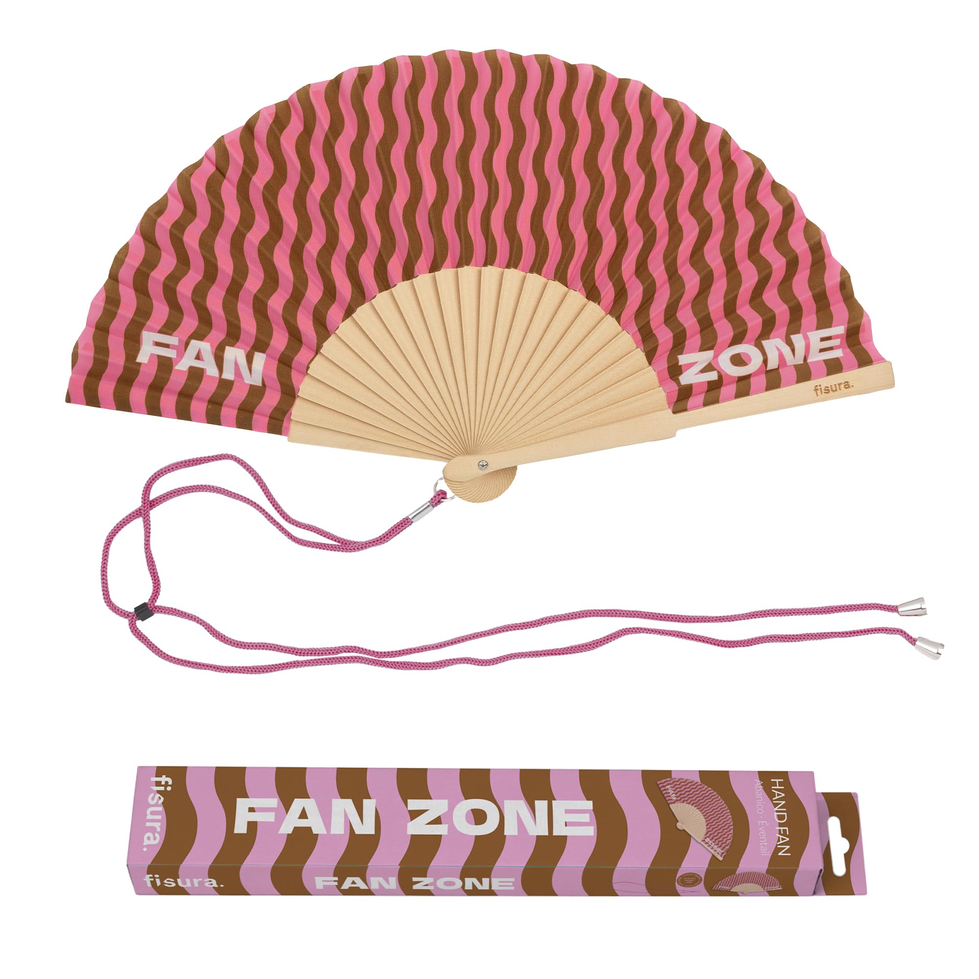 Fisura – Original “Fan Zone” Message Folding Fan, Modern and Colourful Folding Handheld Fan, Pink & Brown Wave Design for Wedding, Rave, Festival - Includes Strap. Size: 42.5 x 23 cm