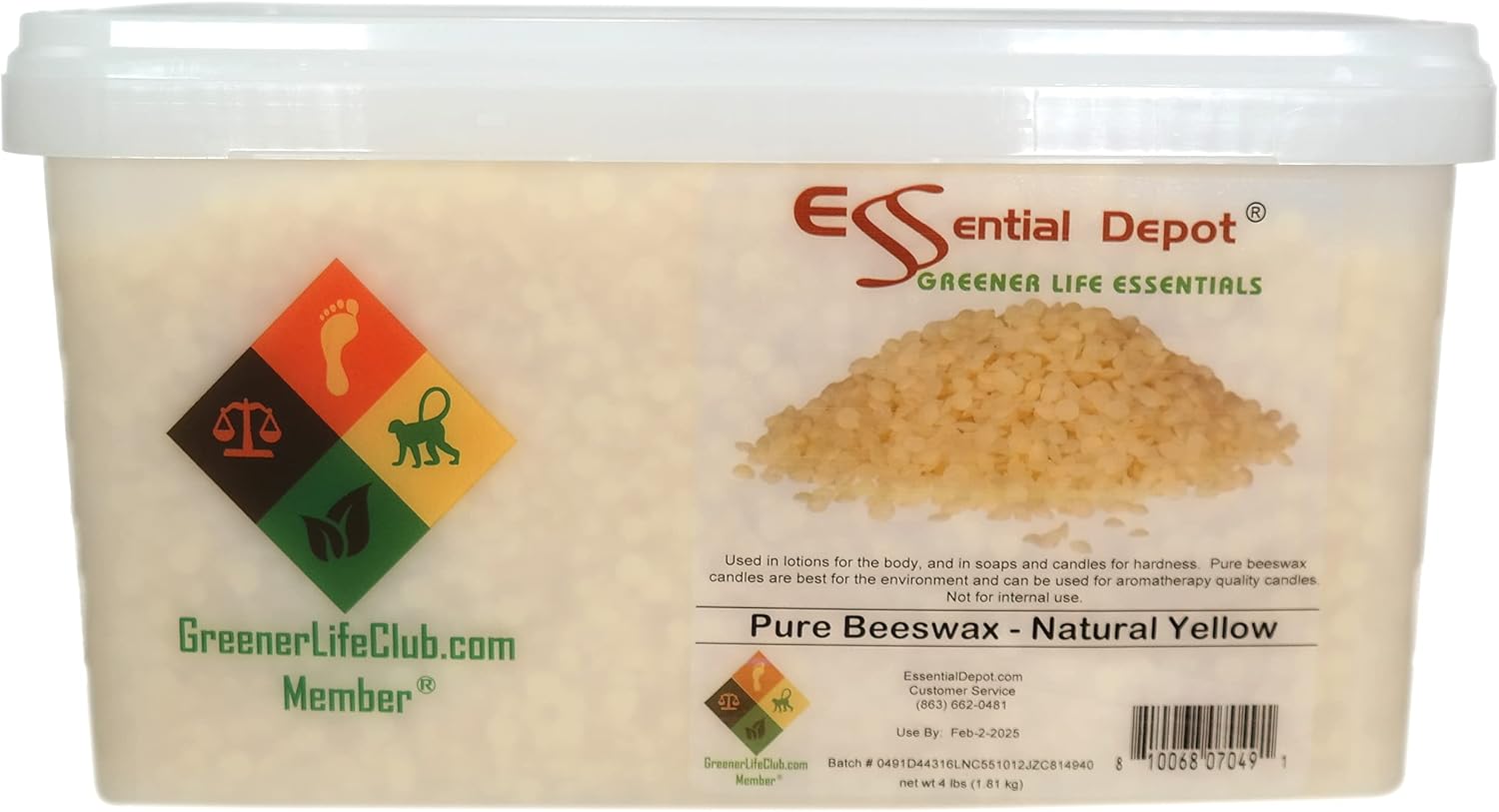 Beeswax - Yellow - Pastilles Pearls - 4lbs - no additives - no Bleach - Twice Filtered - Safety Sealed (Lock tab) Wide Mouthed PP Container with Resealable Cap and Reattachable Handle