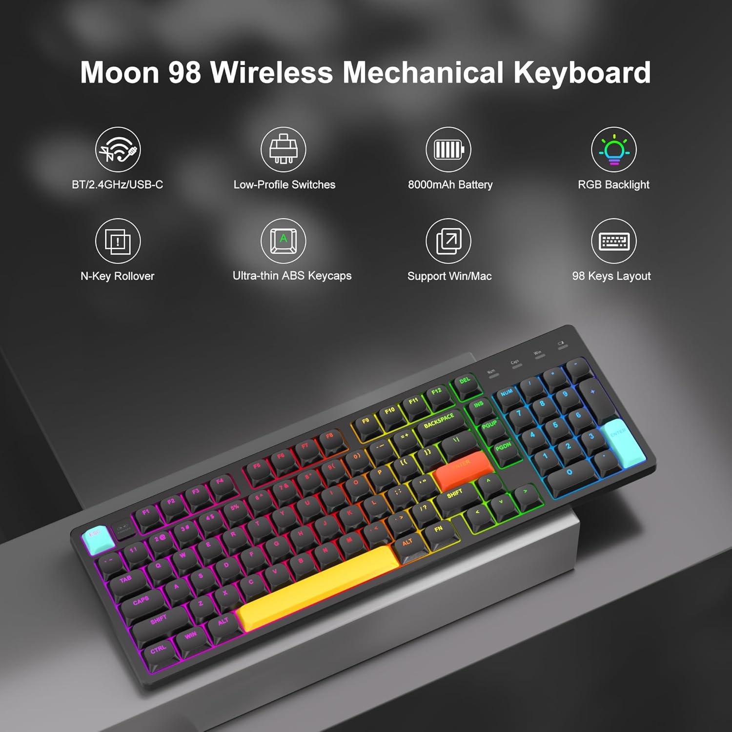 MageGee Moo98 Low-Profile Wireless Mechanical Keyboard, BT5.0/2.4GHz/USB-C Ultra-Thin Design RGB Backlit Office Keyboard for Win/Mac, 8000mAh Battery, Linear Red Switch(Black)