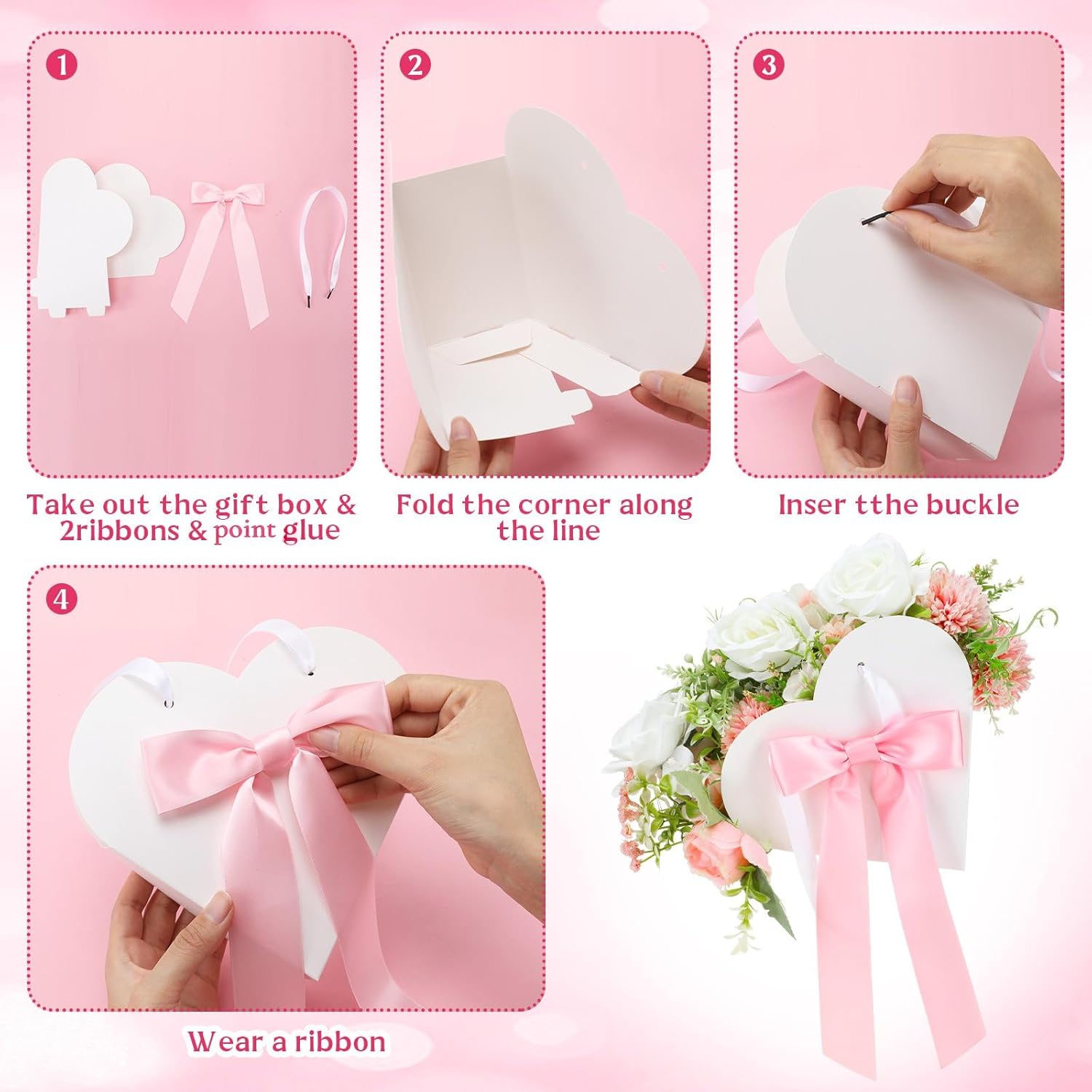Condition photo showing New/Like New for Ctosree 12 Set Heart Shaped Flower Boxes with Ribbon Bow DIY Valentine Day Flower Gift Bags Personalized Floral Packaging Bags for Bridal Shower Anniversary Valentine Day Party Supplies (White)