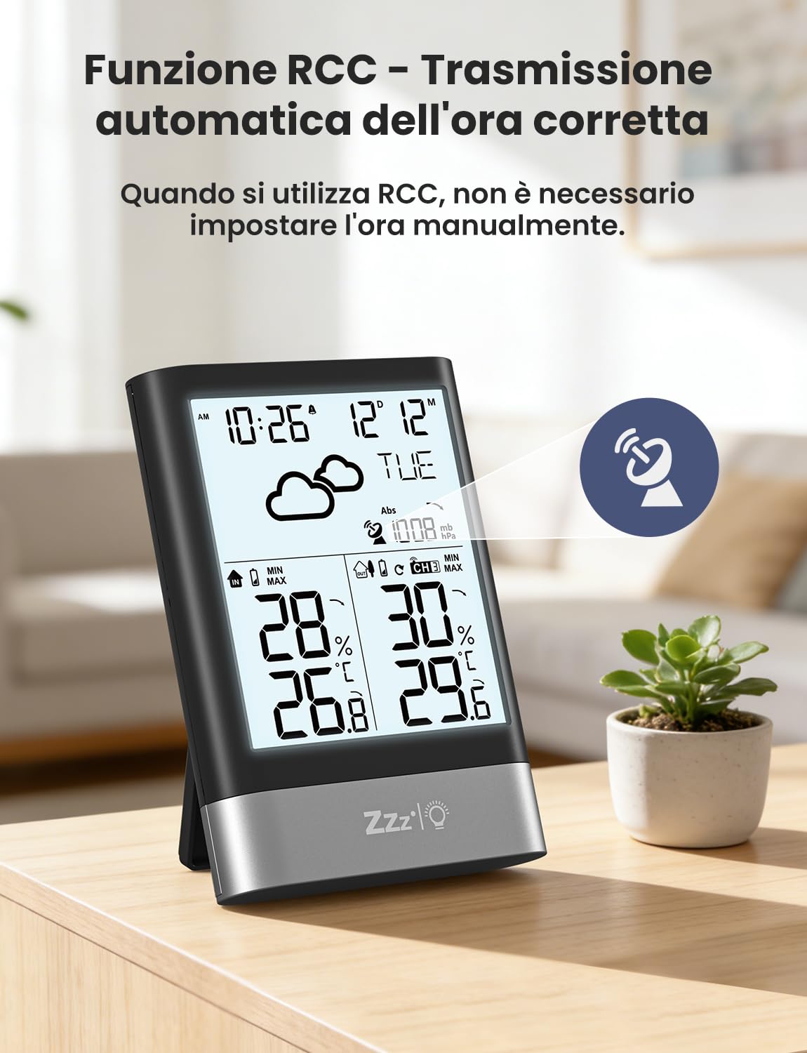 LIORQUE Stazione Meteo Con Sensore Esterno, Stazione Meteorologica Wireless Con RCC, Previsioni Del Tempo, Sveglia, Data, Temperatura,Umidità, Retroilluminazione Regolabile, Nero (Batteria Inclusa)