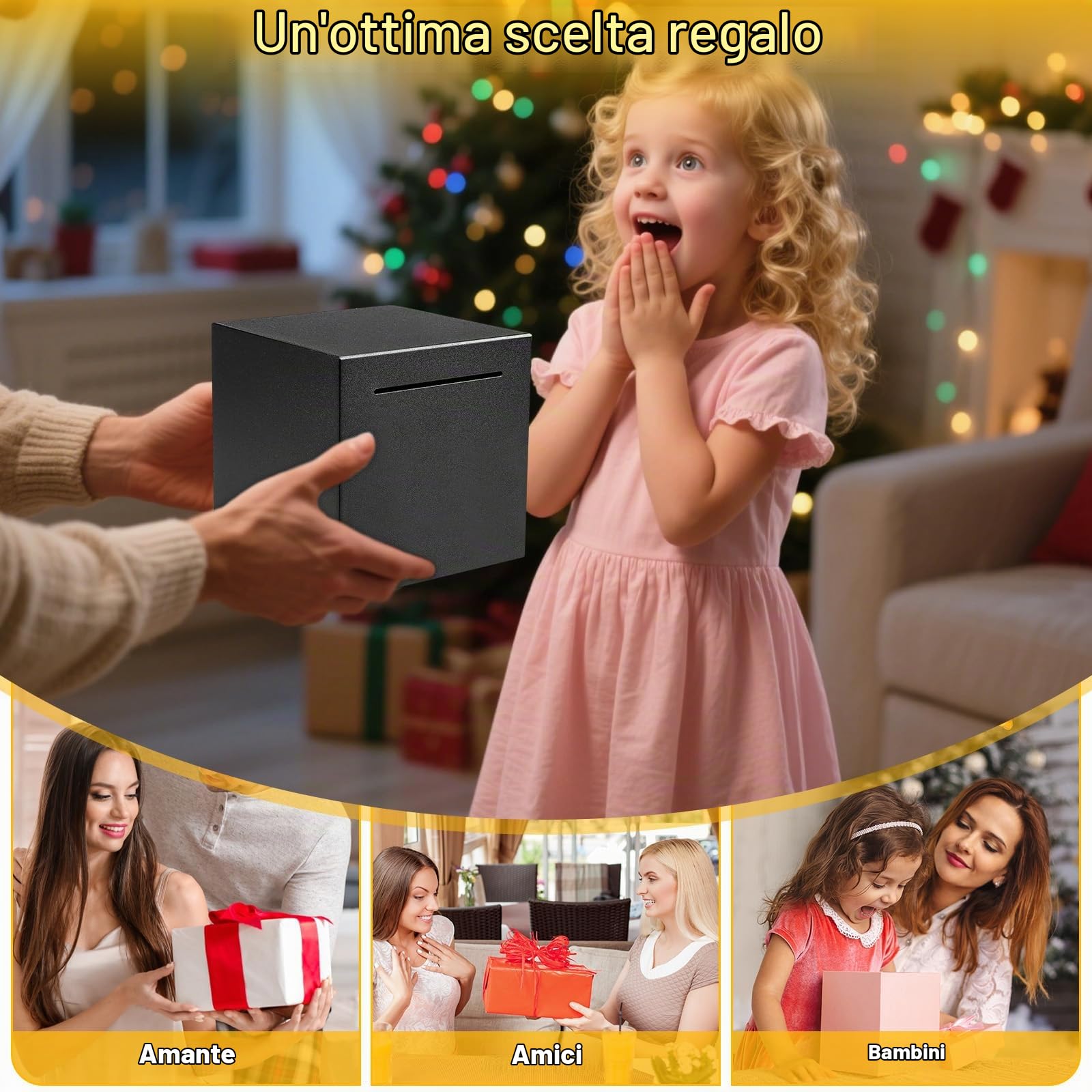 Salvadanaio Non Apribile Nero in Acciaio Inox, Salvadanaio Chiuso Adulti Pratico Grande Rompere per Aprire 12x12cm, Money Box Monete e Banconote Sicurezza Qualità Alta per Adulti e Regalo Bambini