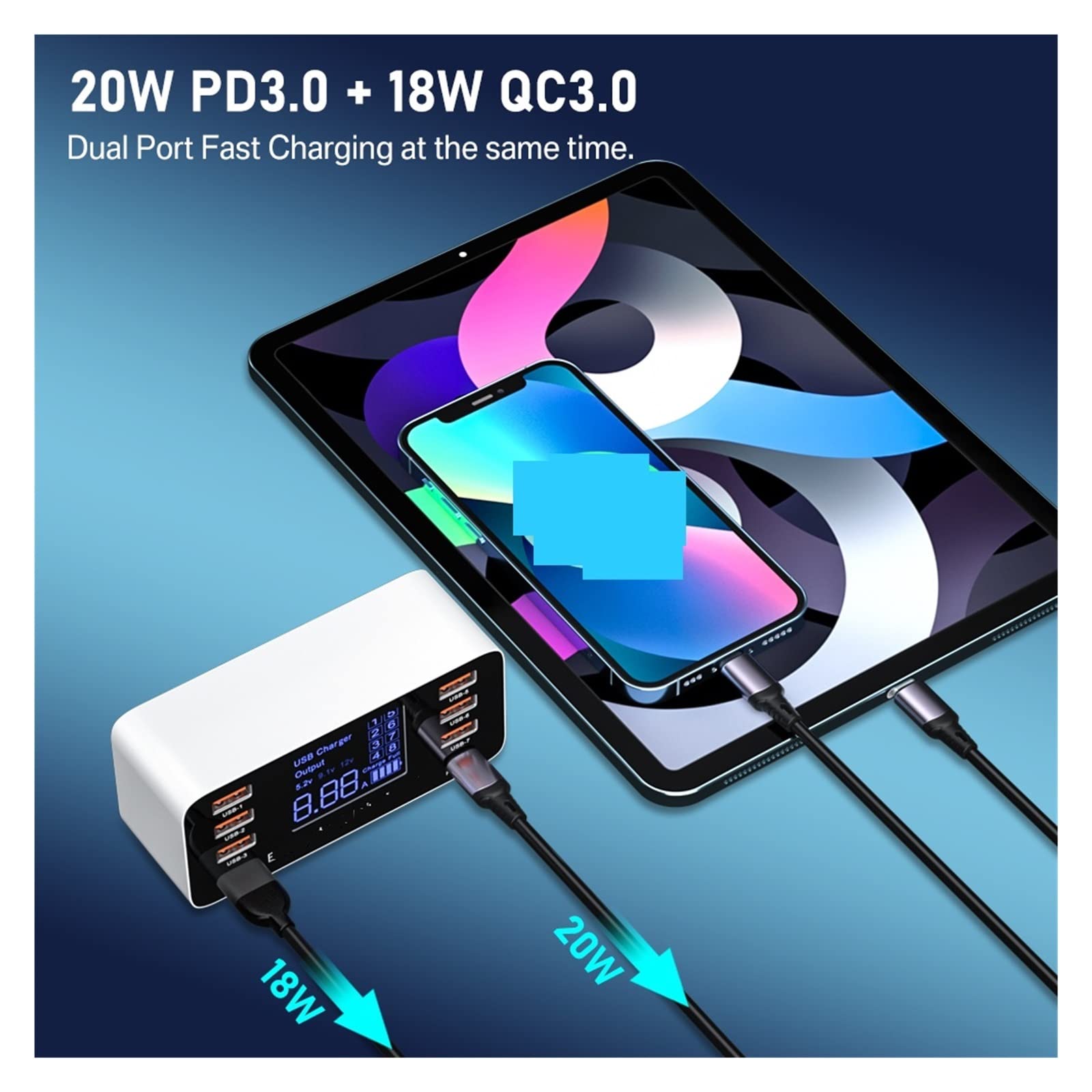 Stacja ładowania, 8 portów szybka ładowarka USB QC3.0 szybkie ładowanie typu C inteligentna stacja ładująca LCD cyfrowy wyświetlacz USB wieloportowy do telefonu(60W PD QC3.0)