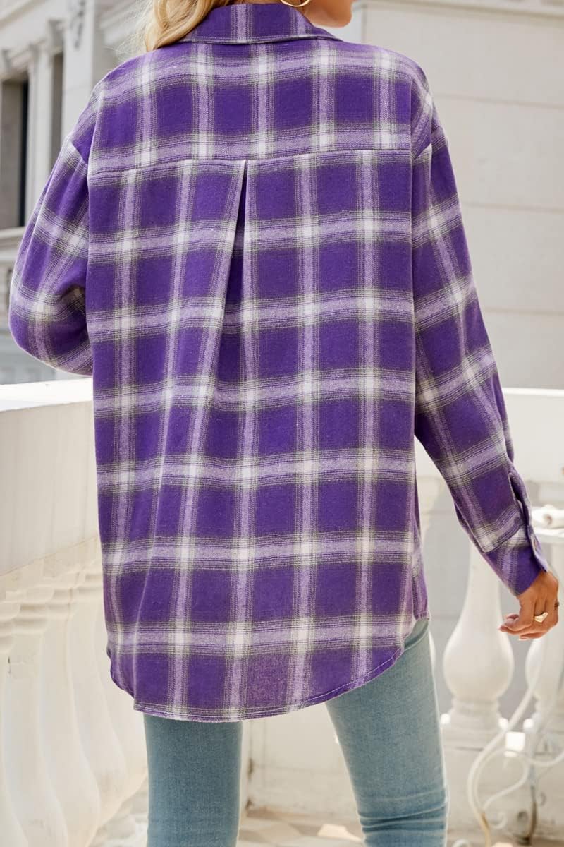 CHYRII Womens Button Down Flannel Shirts Long Sleeve Plaid Shackets Business Casual Blouse Top - Image 6
