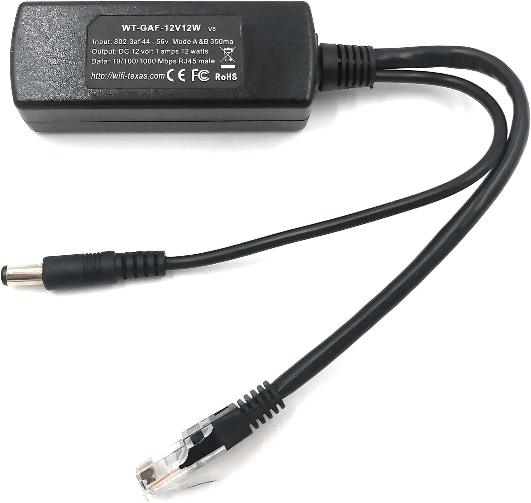 PoE Texas IEEE 802.3af 12v Splitter - Power Over Ethernet Single PoE Splitter 12v 12w Gigabit Data - Active Opto-Isolated Protection for 12 Volt DC Powered Devices, IP Camera, Foscam, Arduino