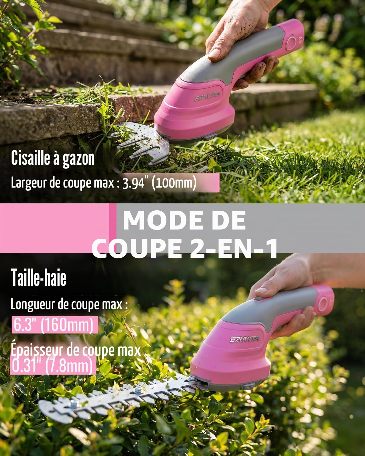 Cisaille à Gazon et Taille-Haie sans Fil 2 en 1, 8V Coupe-Bordure avec Batterie Amovible 2000 mAh, 2 Lames Interchangeables pour Buissons, Arbustes, Branches et Bordures (Rose)