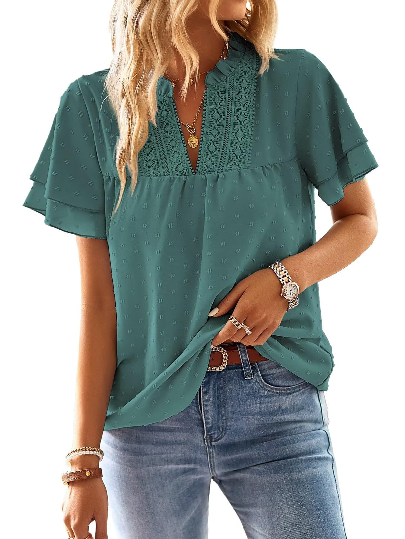 TUUHAW T Shirt Donna Elegante Manica Corta Magliette con Scollo a V Estiva Boho Camicia Casual Volant Abbigliamento Pizzo Top