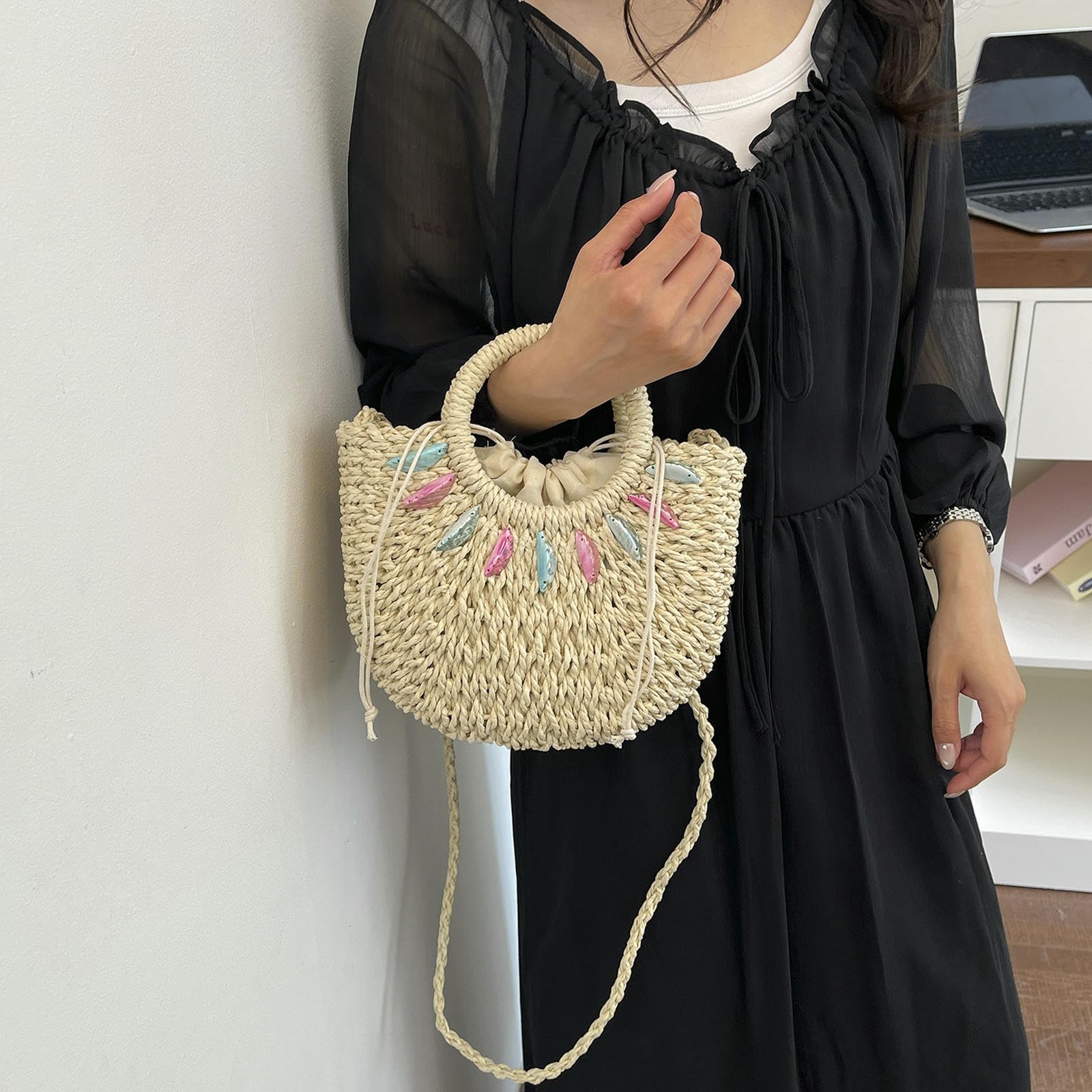 Damen Handtasche Taschen, Modische Tragbare Strohtaschen, Gewebte Damentaschen Für Den Urlaub Am Strand, Trendige One-Shoulder-Crossbody-handtaschen-Khaki