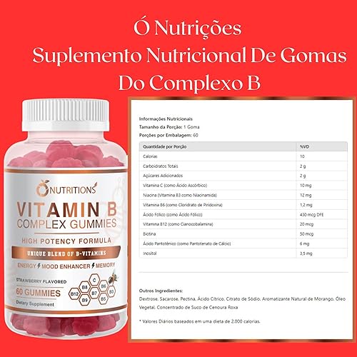 O Nutritions Gomitas veganas complejas de vitamina B con vitamina B12, B7 como biotina, B6, B3 como niacina, B5, B6, B8, B9 como folato para el