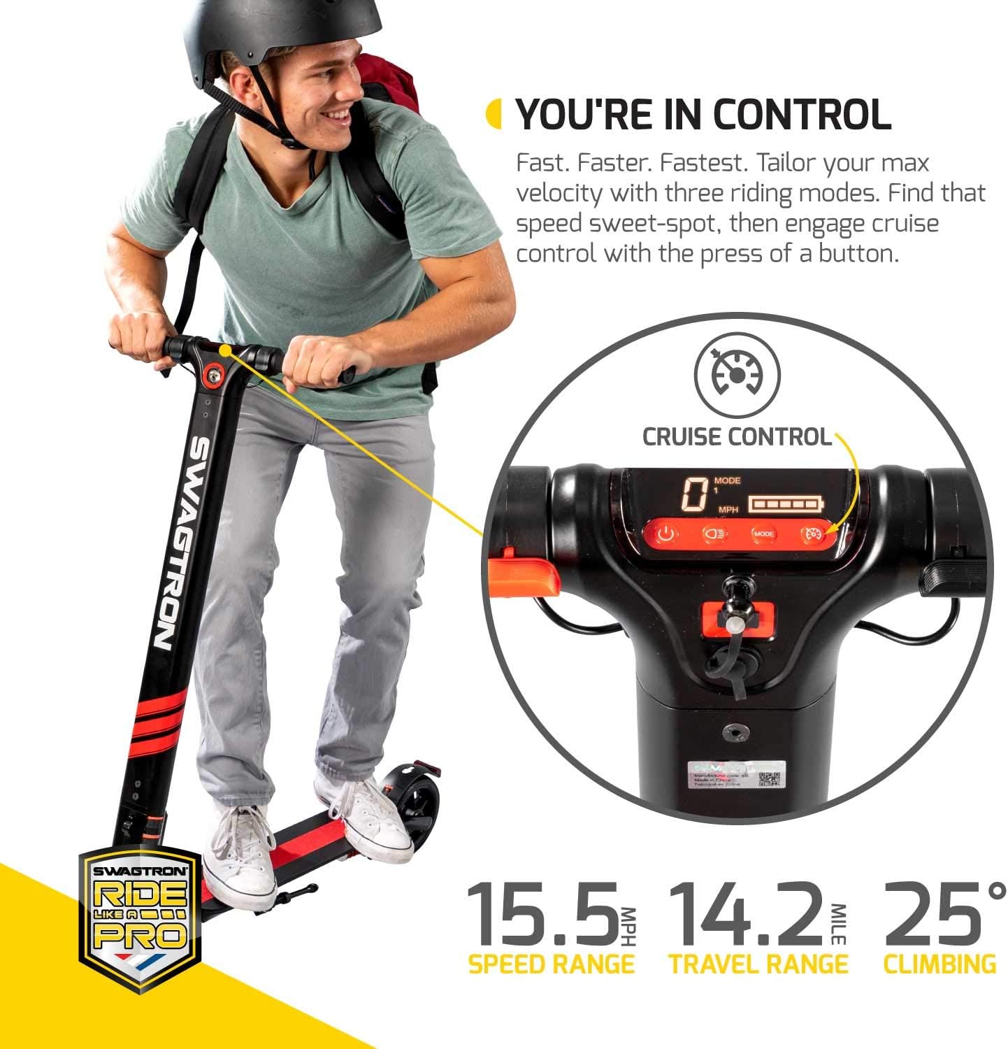 Swagger Pro Foldable Electric Scooter w/ Cruise Control, 14.2-Mile Range, Rear Suspension and 15.5 mph Max Speed (SG-3)