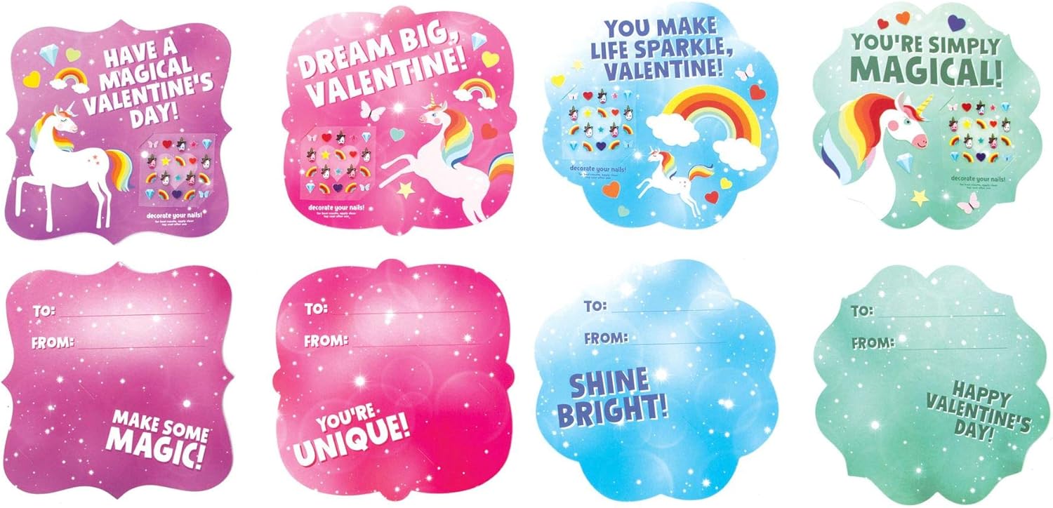 Playhouse Rainbow Unicorn Nail Sticker Sheet 28 Card Super Valentine Exchange Pack for Kids - Image 4
