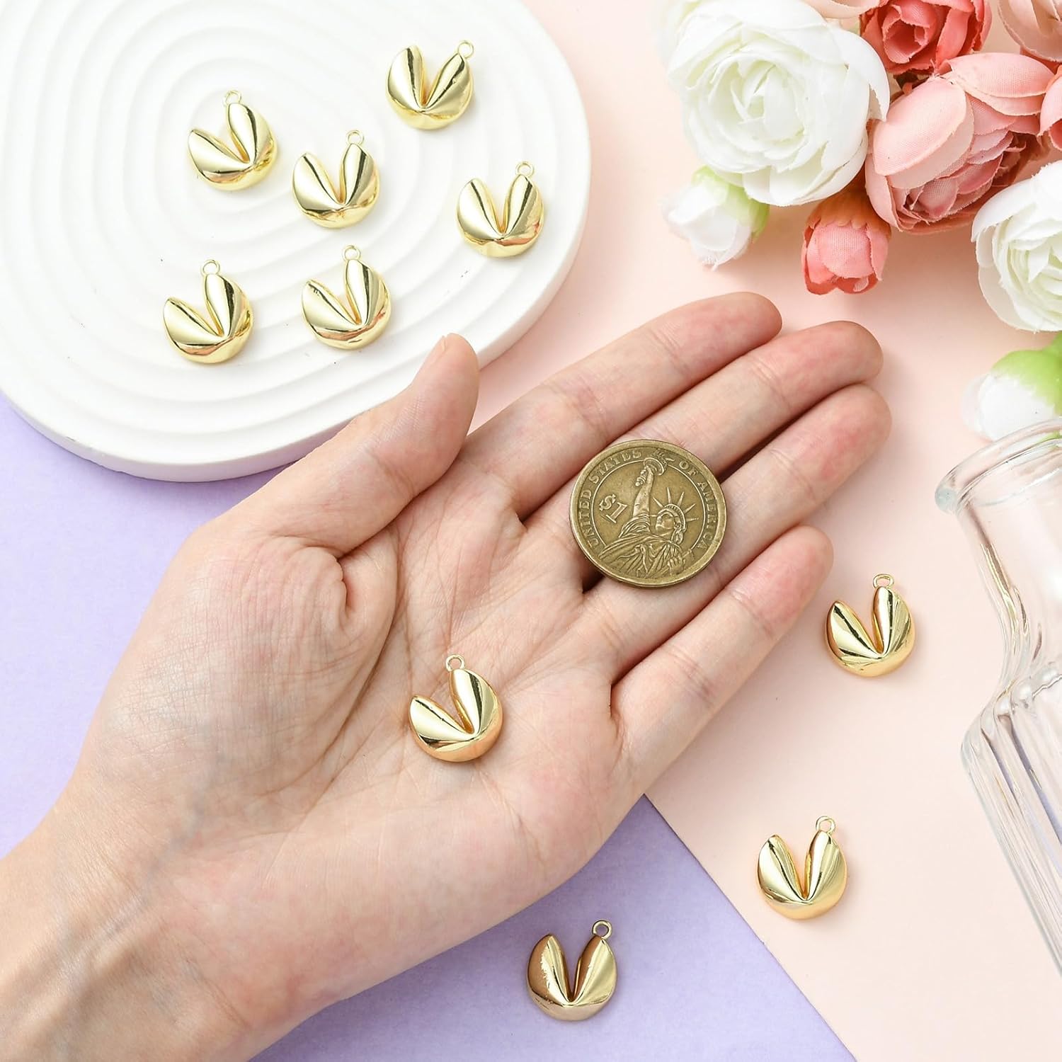 KitBeads 10Pcs Fortune Cookie Charms Gold Plated Food Charms Lucky protection Charm for Jewelry Making Necklace Bracelet Crafts Bulk - Image 4