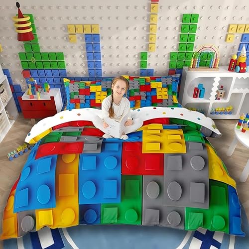 Erosebridal Juego de ropa de cama de construcción, funda de edredón colorida con bloques de construcción en 3D, funda de edredón tamaño Queen, funda