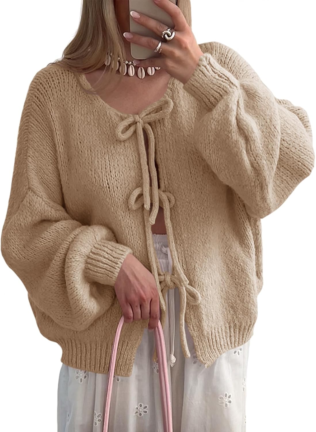 Saodimallsu Womens Tie Front Cardigan Sweaters Cute Bow Puff Long Sleeve 2025 Fall Loose Ribbed Knit Trendy Sweater Tops