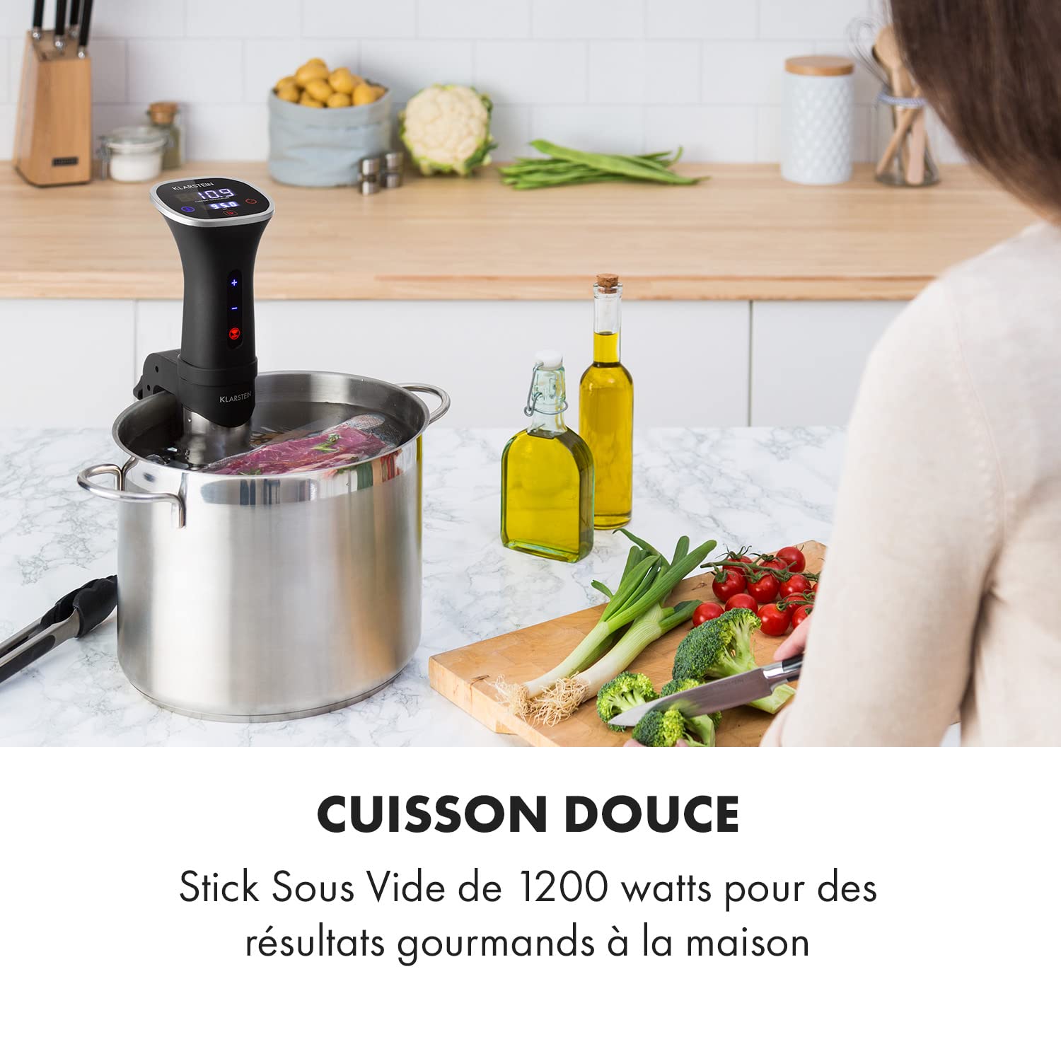 KLARSTEIN Quickstick Smart - Cooker sous vide, circulation 3D, contrôle par appli, écran tactile, températures 20-95 ° C, minuterie, 1200 W, capacité 10 à 15 L, profondeur d'immersion min 11 cm - noir