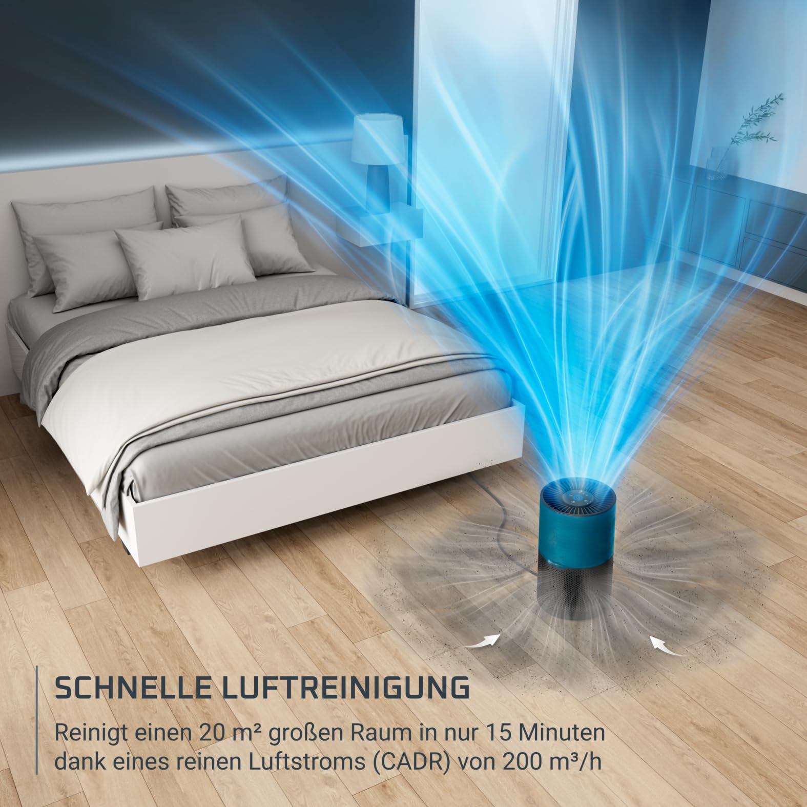 Rowenta Pure Air Compact Luftreiniger, für Zuhause, hocheffiziente Luftreinigung, bis 52 m², 3-in-1 Filterung, HEPA Allergy+, Echtzeit-Luftqualitätsanzeige, Schwarz/Blau, PU2221F0