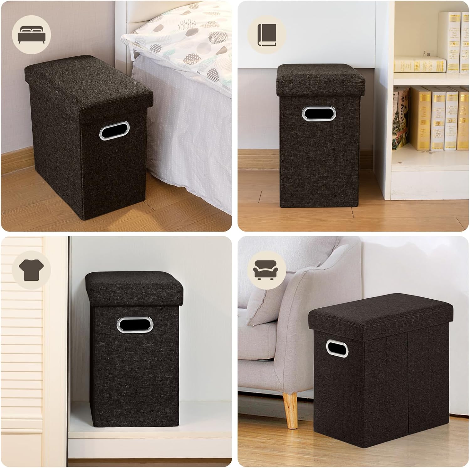 COSYLAND Ottoman with Storage Collapsible Fabric Ottoman Footrest Foot Stool for Room Small Slim Tall Folding Furniture with Handles Lid Toy Chest Linen 16.5x16.5x10.6in Chocolate