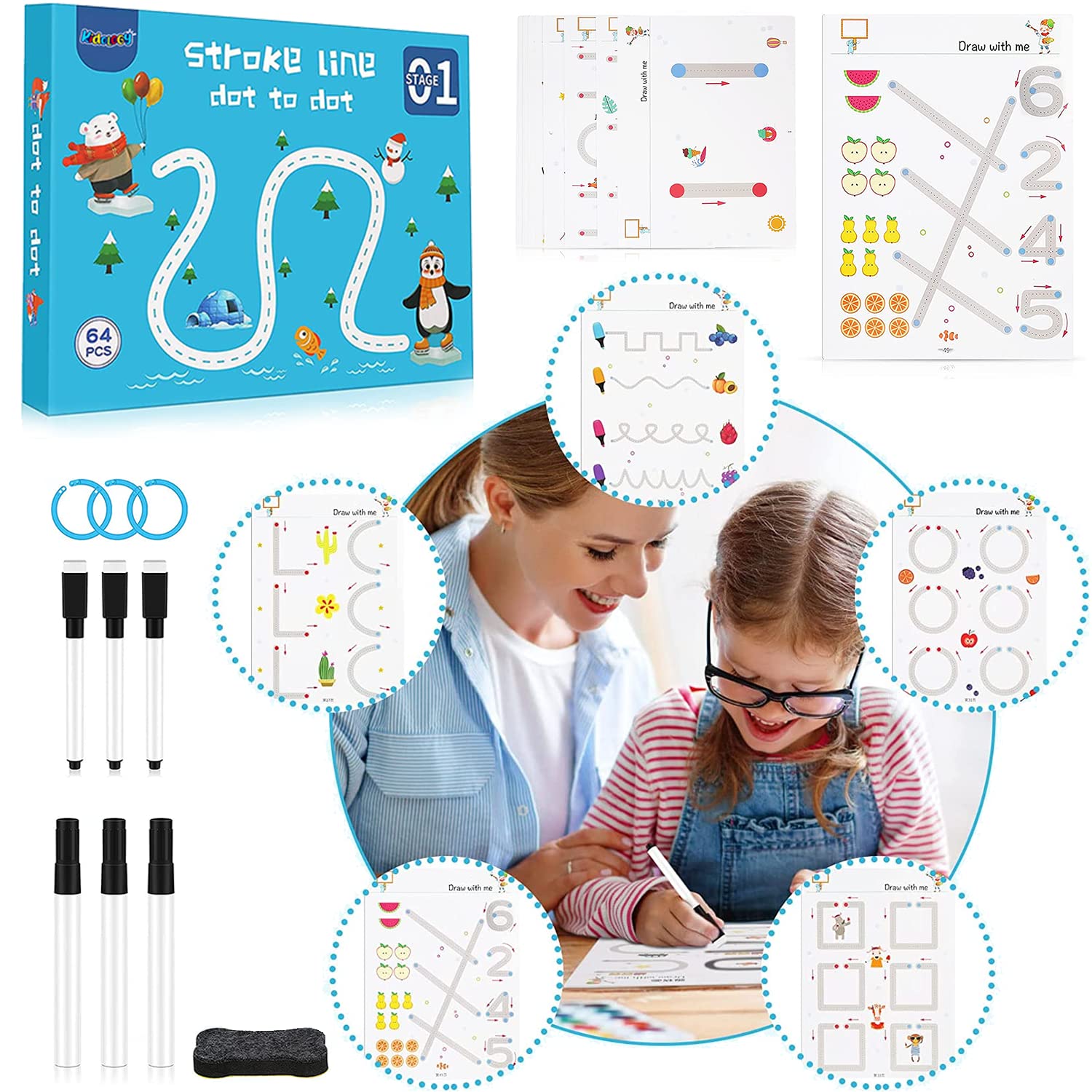 Kidology Learning to Write School Workbook for kids Tracing Lines | Preschool with coloring images and cognitive games to write, read and draw, hand-eye coordination (Stroke Line Stage 1, 64 Pcs)