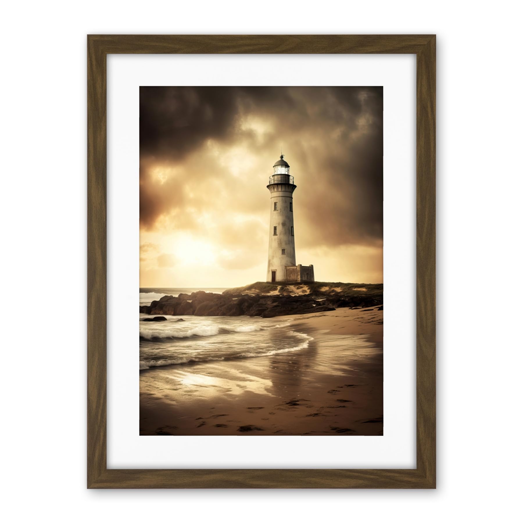 Artery8 Atmospheric Lighthouse Photo Beach Sepia Photograph Atmospheric Sunset Seascape Artwork Framed Wall Art Print 18X24 Inch