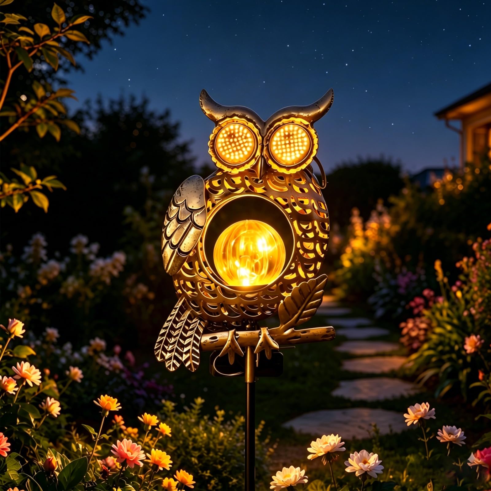 Solar Lights Outdoor Garden, Owl Garden Ornaments Outdoor with Dynamic Eye Lighting, 2 Mode, Auto On/Off Garden Lights Solar Powered Waterproof for Patio, Yard & Lawn, Unique Gardening Gifts for Women