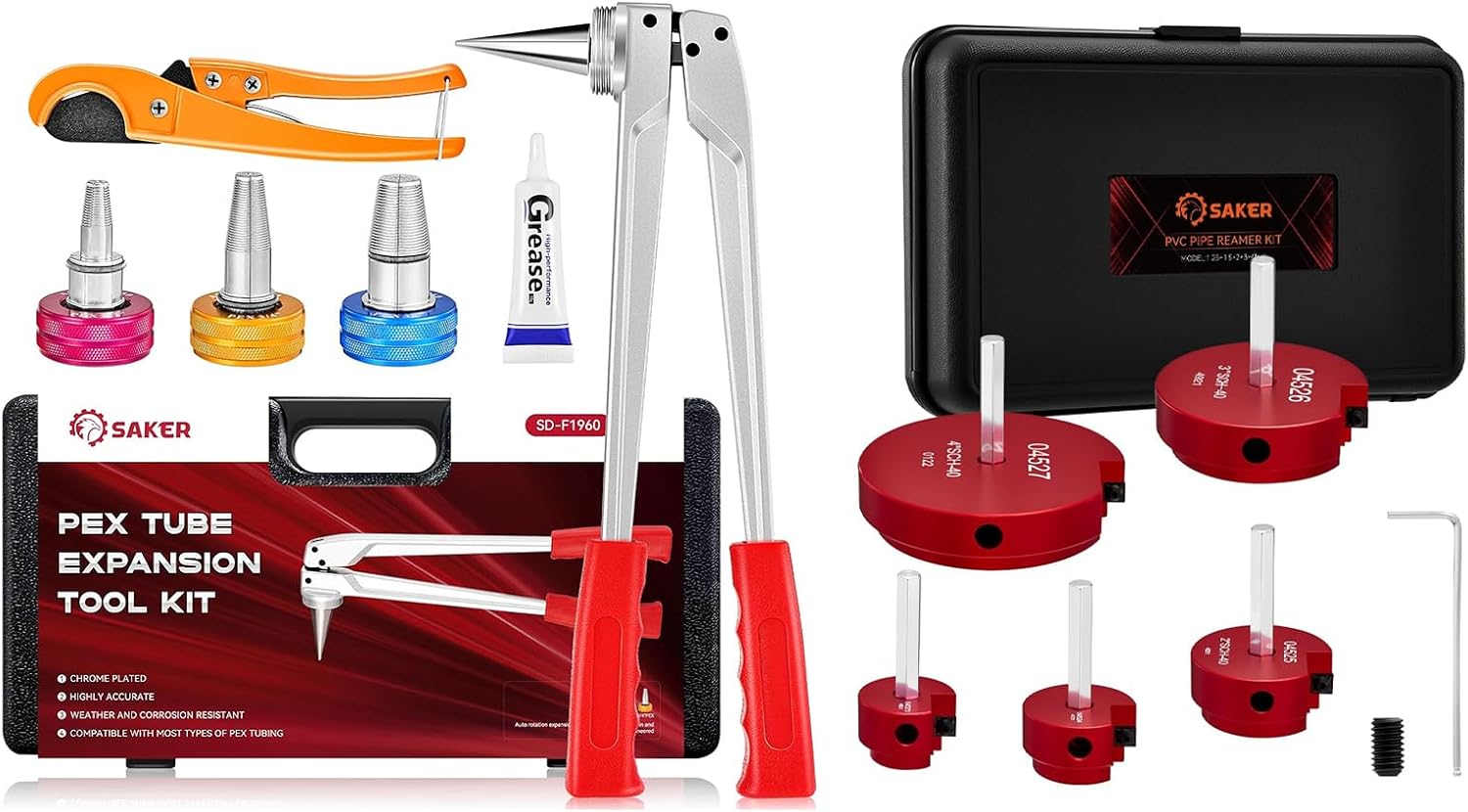 Saker PEX Tube Expansion Tool Kit - Saker PVC Pipe Reamer Kit, PVC Fitting Saver with 1-1/4inch,1-1/2inch, 2inch,3inch,4inch Head