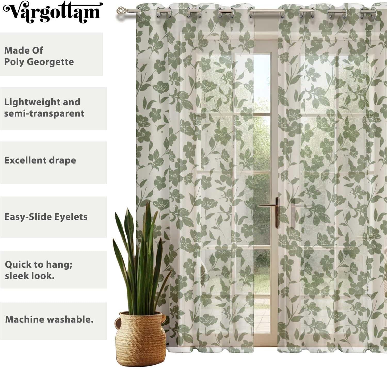 Floral Pattern Sheer Curtains for Short Windows - Set of 2 Panels, 63", Grommet Top, Printed Georgette, Light Filtering Drapes for Kitchen or Bedroom
