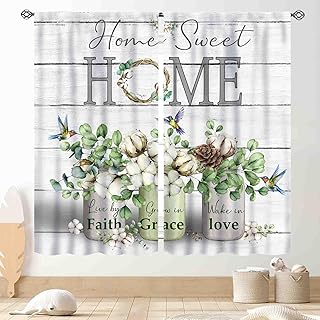 Green Leaf Curtains, Farmhouse Rustic Eucalyptus Leaves Birds Country Wood Plank Home Sweet Cottage Sage Window Drapery Treatments for Bedroom Living Room Kitchen Bathroom 2 Panels, 42"x45" Inch