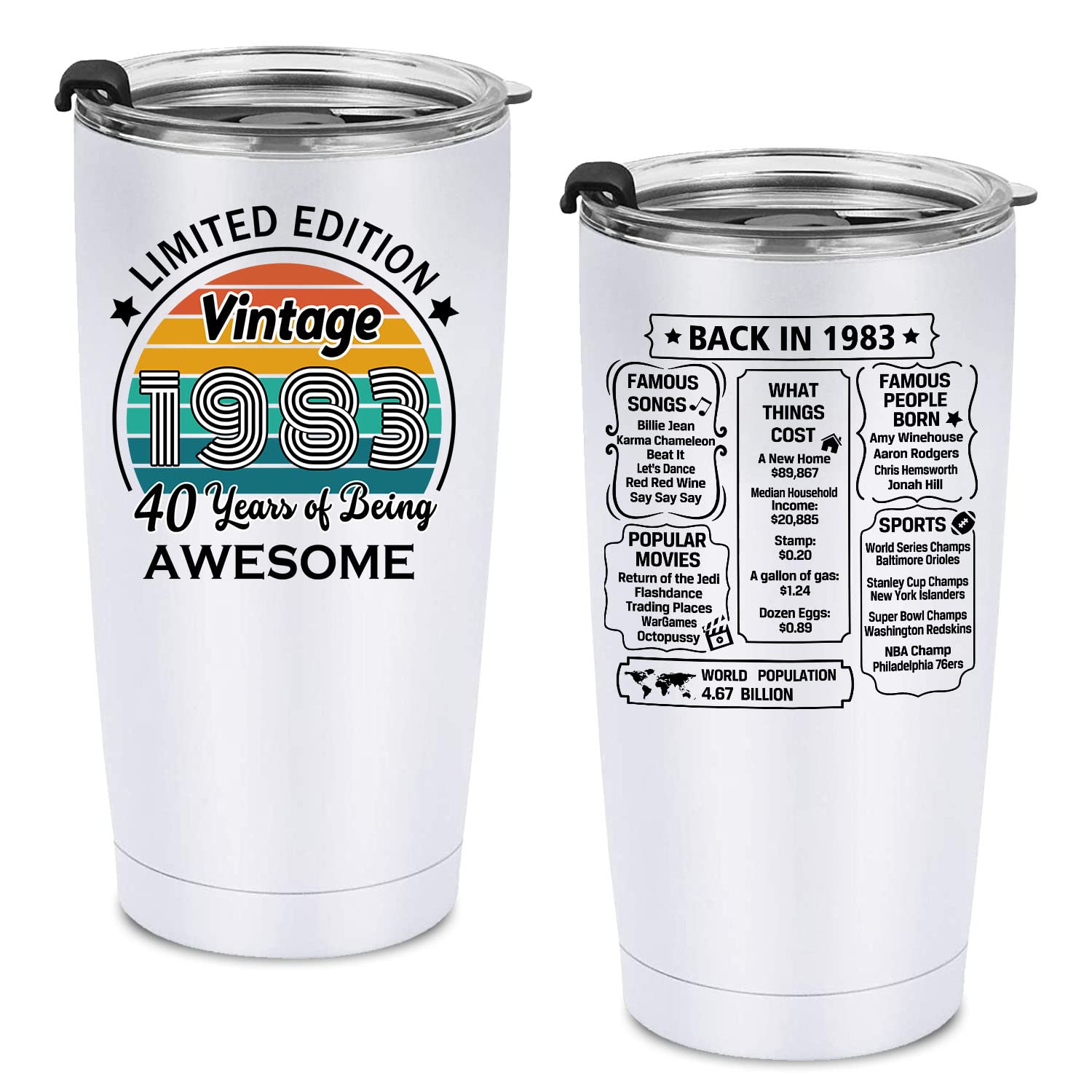 40th Birthday Gifts for Men Women Friends, Vintage 1983, Tumbler 20 oz Stainless Steel Vacuum Insulated Tumblers, Double Sided Printed Birthday Thermos cup, 1983 Old Time Information - White