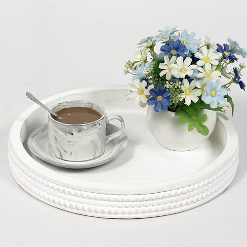 Miniatura 2 de Carah & Cossh Bandeja redonda de madera de 12 pulgadas, bandeja de madera decorativa redonda blanqueada, bandeja decorativa rústica de granja