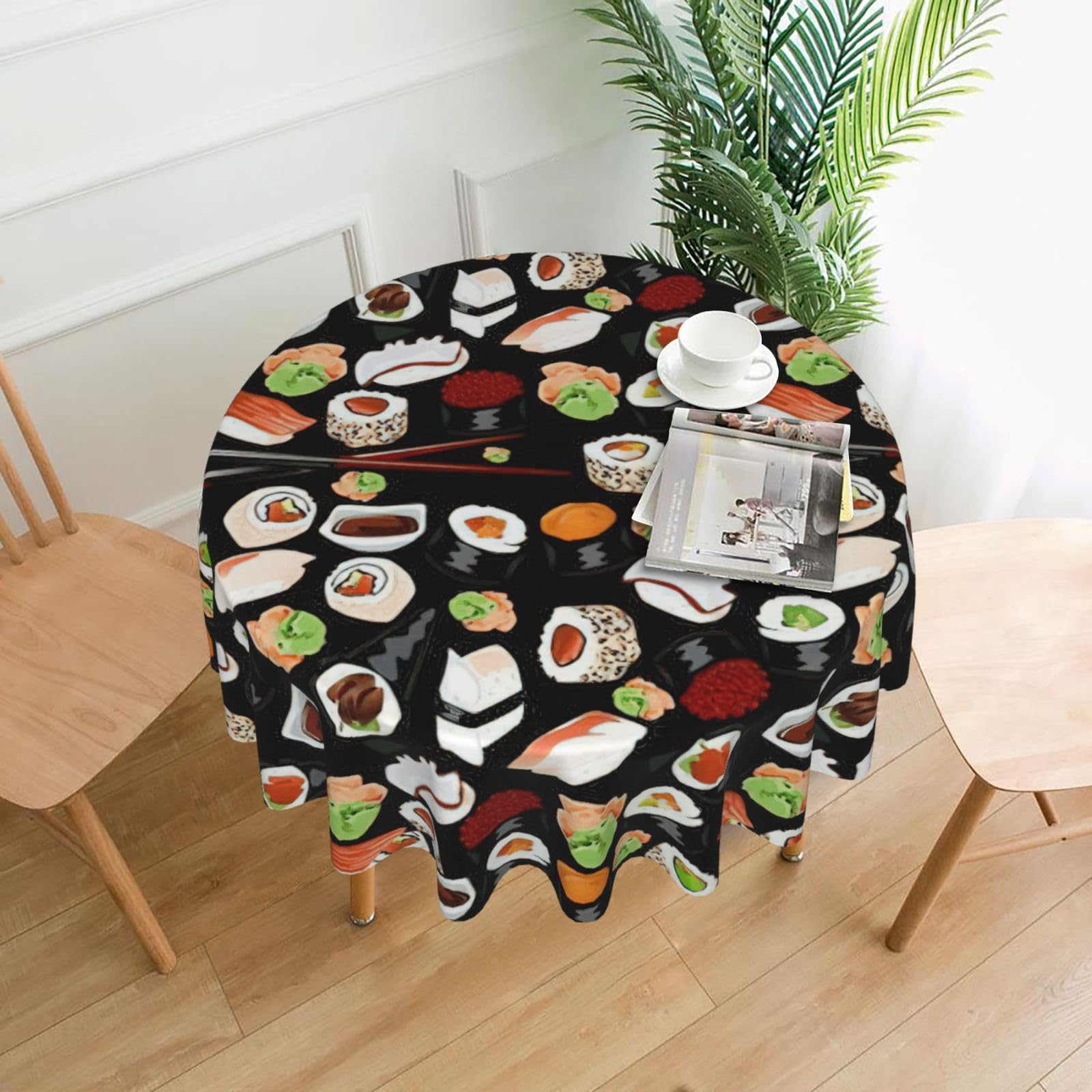 OKFSTY Japanese Sushi Black Print Round Tablecloth 60in for Wedding Elegant Polyester Cover for Party Reception Festive Dinner