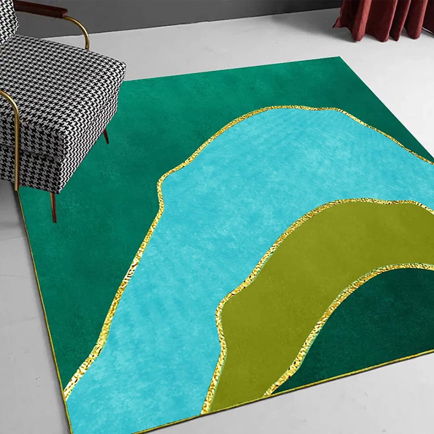 ESOUY Dywanik 180 x 200 cm, dywan do sypialni salonu jadalni biura dekoracje wewnętrzne, odporny na blaknięcie, zmywalny, zielone geometryczne złote linie, wielokolorowy, 180 x 200 cm