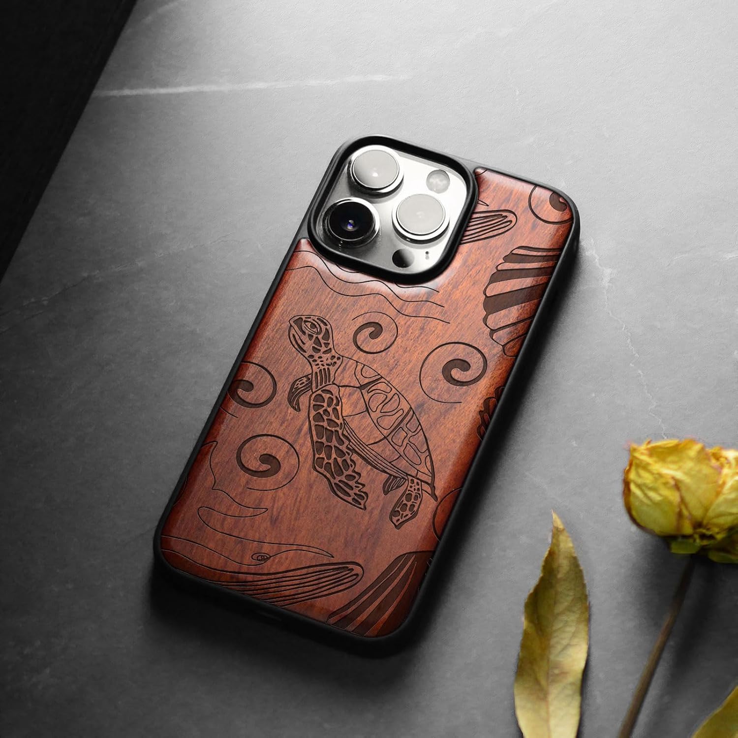 Carveit Magnetic Wood Case for iPhone 13 Pro Max [Hard Real Wood & Soft TPU] Unique & Classy Wooden Shockproof Hybrid Protective Cover Compatible with MagSafe (Ocean Wonders -Rosy)