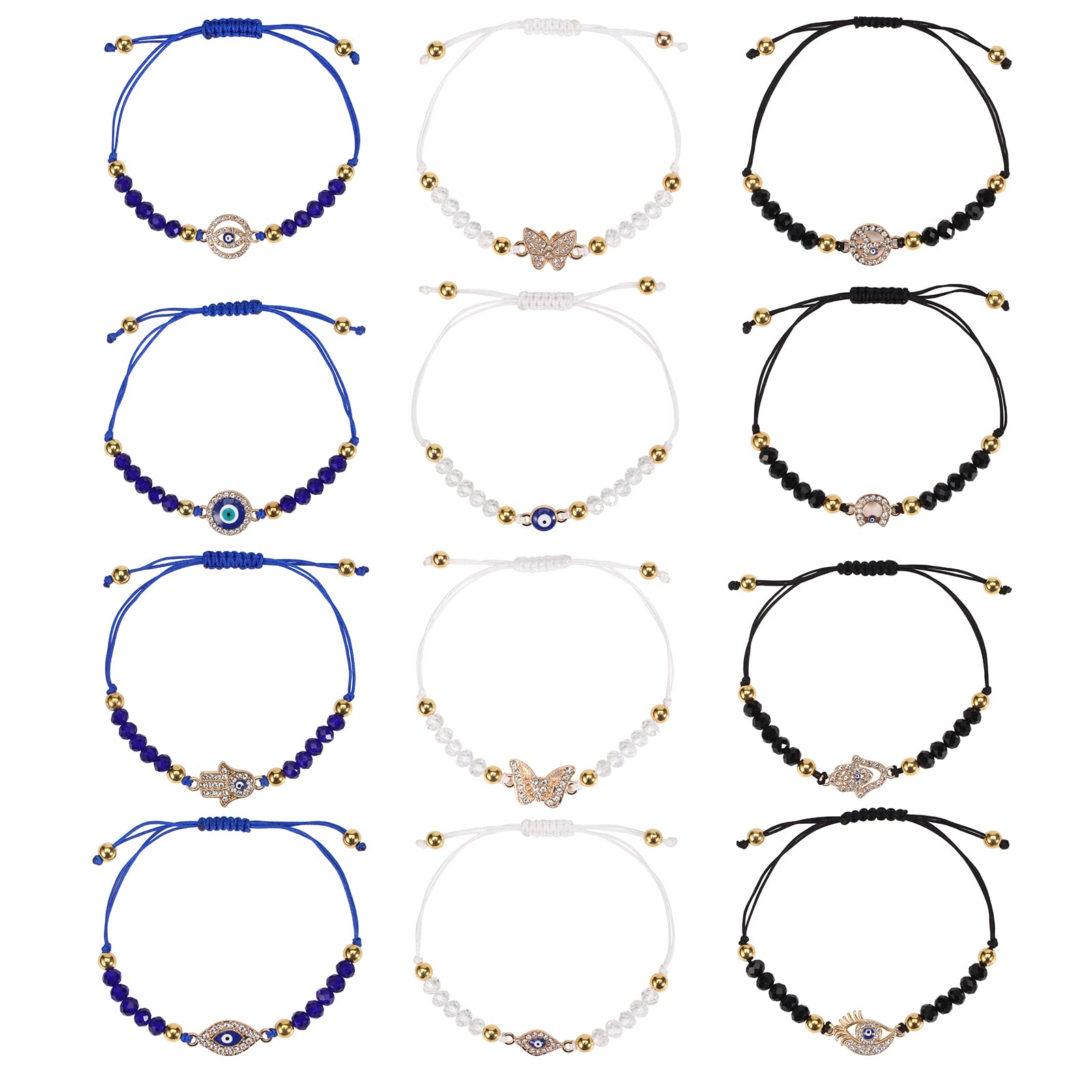 Big Evil Eye Bracelets Set for Women, Twinfree Bohemian Boho Adjustable Rope Bracelet, Girl Hippie Handmade Butterfly Charm Ladies - 12 Pcs