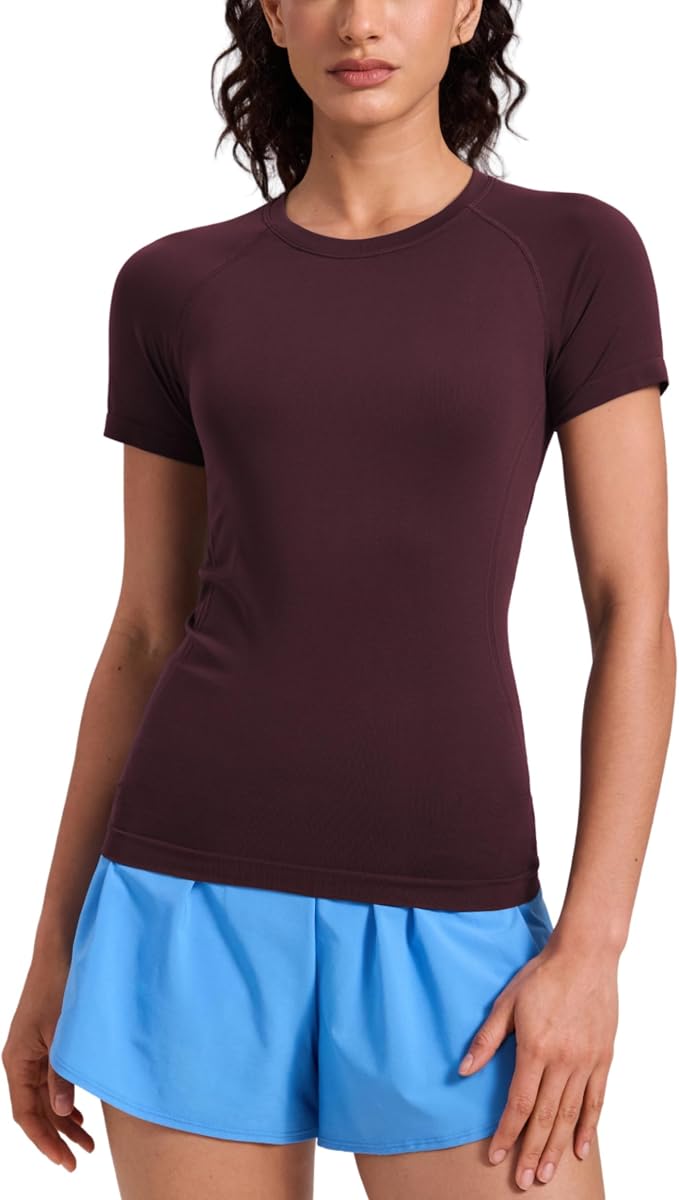 Camiseta CRZ YOGA sin costuras hasta la cadera | Entrenamiento, sin rozaduras, corte entallado, mangas raglán, rejillas de ventilación, entrenamiento, camisetas de manga corta para mujer