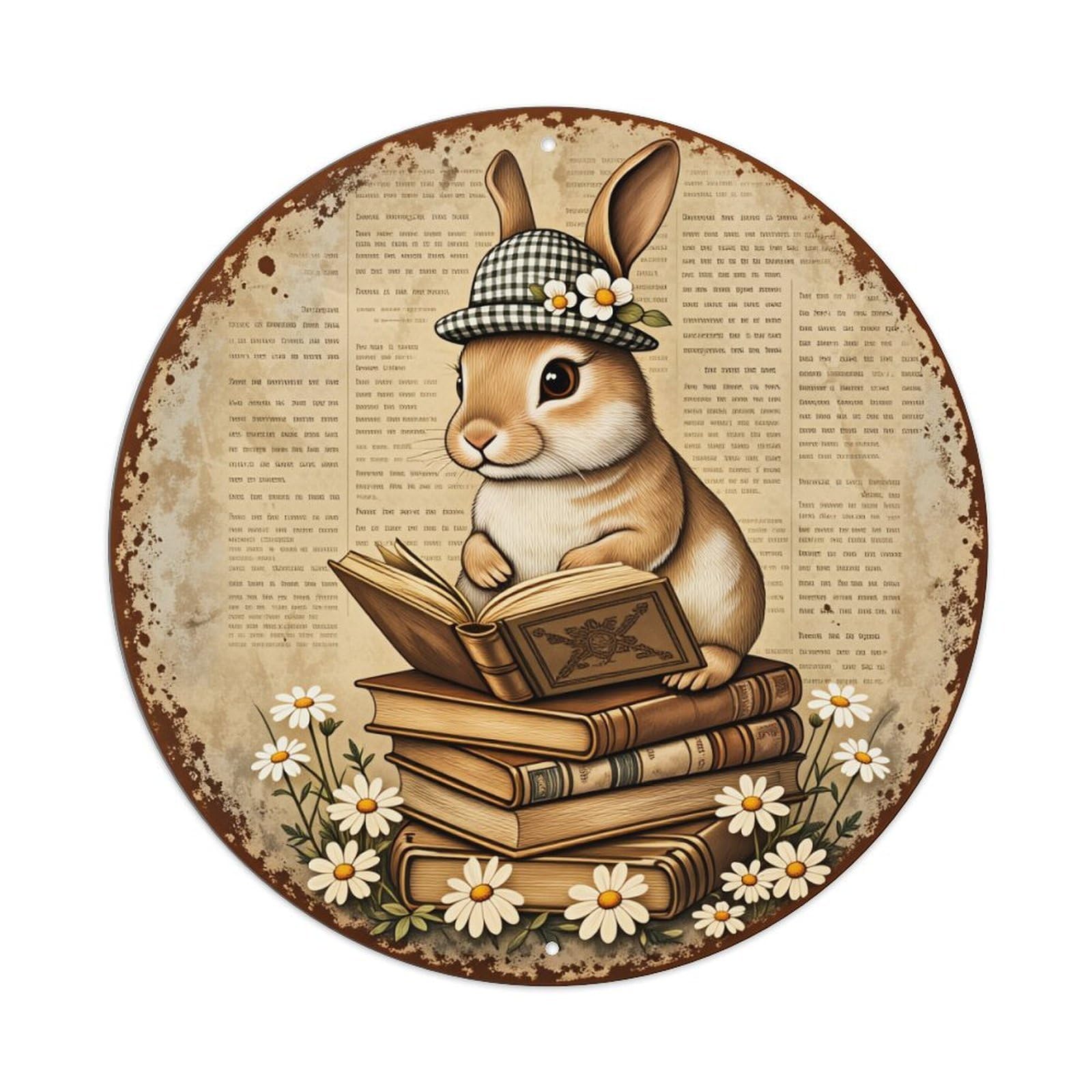Rabbit Reading Books With Flowers Metal Tin Sign Vintage Garden Bedroom Cafe Bar Man Cave Home Wall Decor Metal Poster 8x8 inches