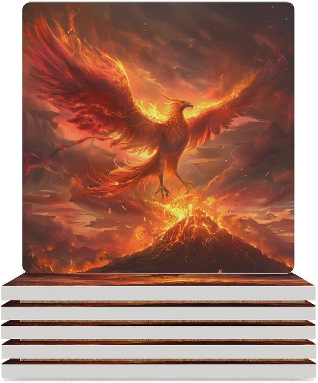 Animal Phoenixsbird Coaster for Drinks Square Ceramic Table Coasters Stone Mat Crafts 6PCS Home Kitchen Decor