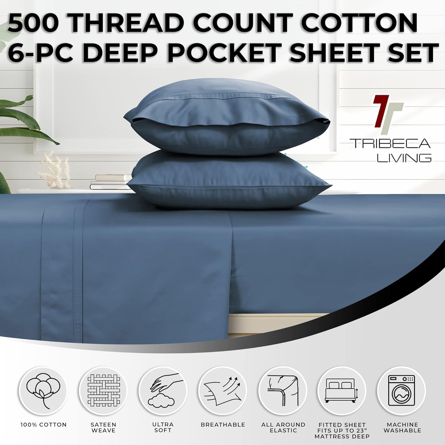 Tribeca Living King Bed Sheet Set, Soft Egyptian Cotton Sateen Solid Sheets and Pillowcase Set, Deep Pocket, 500 Thread Count, 6-Piece Luxury Bedding, Midnight Blue - Image 3