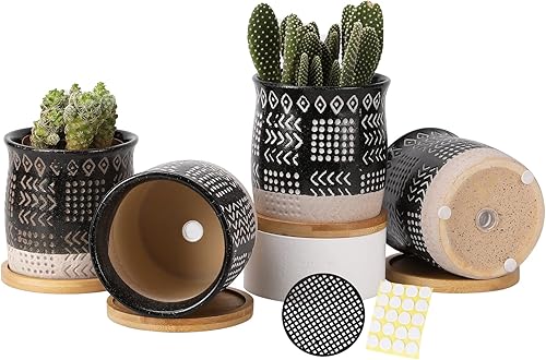 Macetas pequeñas de 4 pulgadas con orificio de drenaje y bandeja, macetas de cerámica vintage para plantas de interior y exterior, suculentas, catus