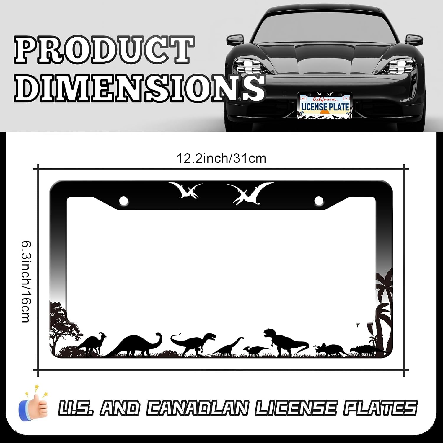 Dinosaur Silhouette License Plate Frames - 2 Pack Funny Dinosaurs License Plate Holder Covers Aluminum Metal Rust-Proof Waterproof Car Tag Frame with Screws Fasteners Caps image 2