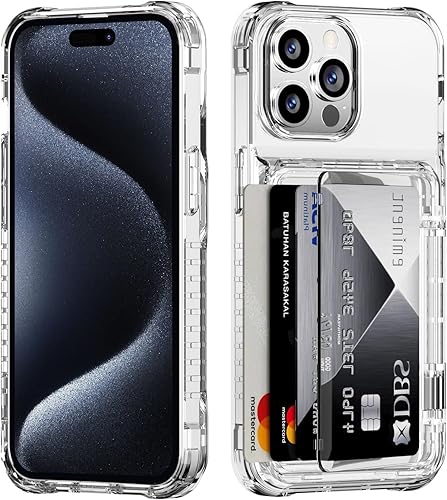 Funda protectora transparente para iPhone 15 Pro con tarjetero de crédito, protección resistente, a prueba de golpes, antiarañazos, anti-amarilla,